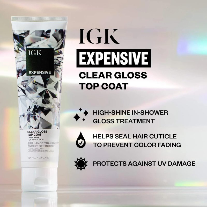 IGK EXPENSIVE Clear Gloss Top Coat | High Shine Gloss Treatment for Soft, Smooth Glass Hair | Revives Color-Treated Hair and Helps Control Frizz | 4.2 Oz
