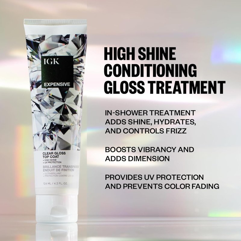 IGK EXPENSIVE Clear Gloss Top Coat | High Shine Gloss Treatment for Soft, Smooth Glass Hair | Revives Color-Treated Hair and Helps Control Frizz | 4.2 Oz