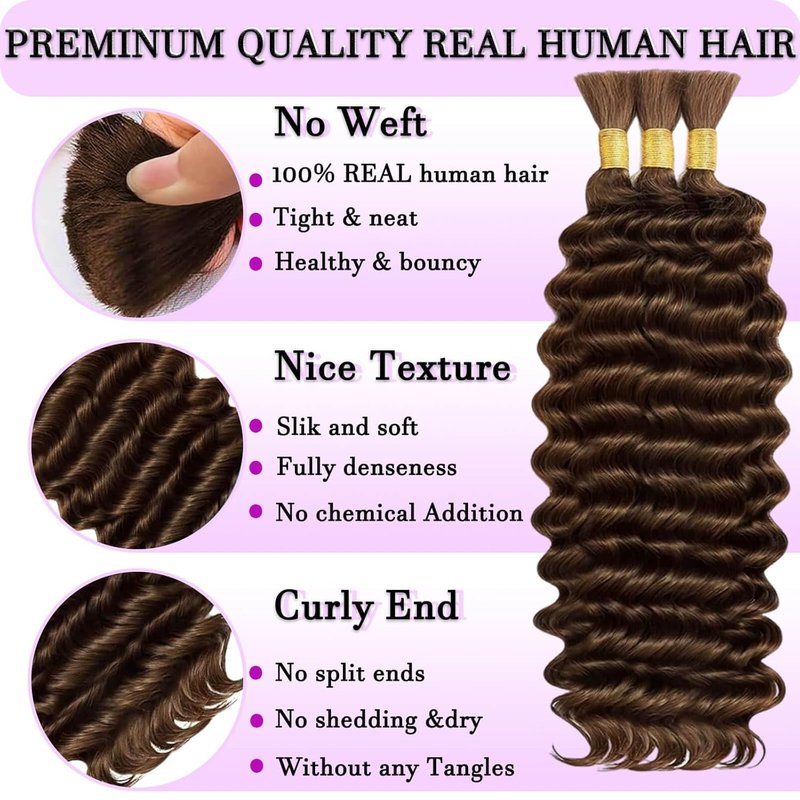 Skiennix Human Braiding Hair - Wet & Wavy Deep Wave Extensions | 110g Boho Chocolate Brown 16-Inch 3 Bundles