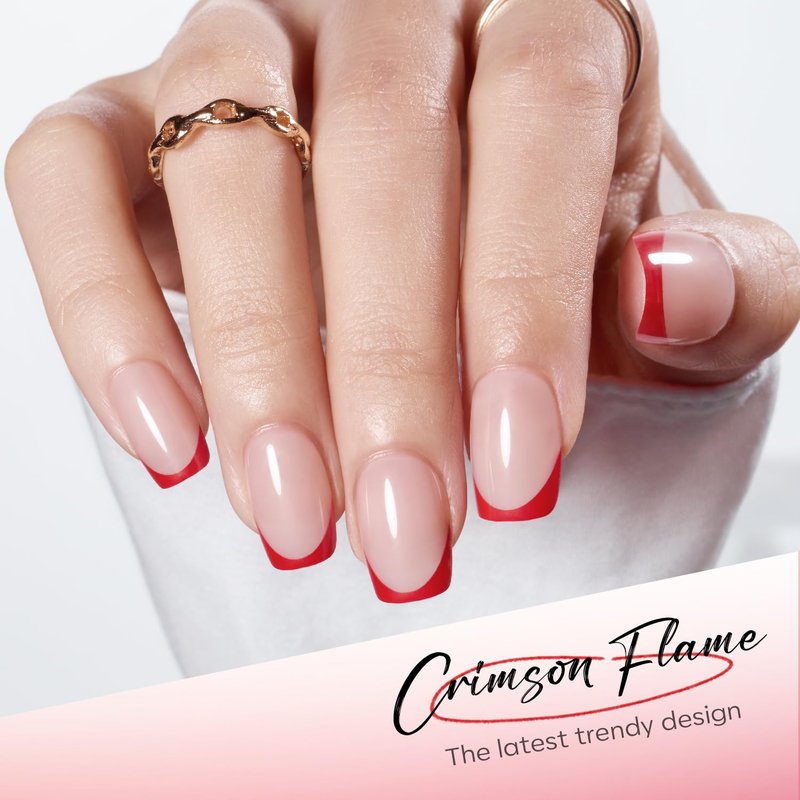 Modelones French Tip Press-On Nails - Short Light Pink Square Fake Nails | Reusable 32 Pcs Kit with Glue & Mini File