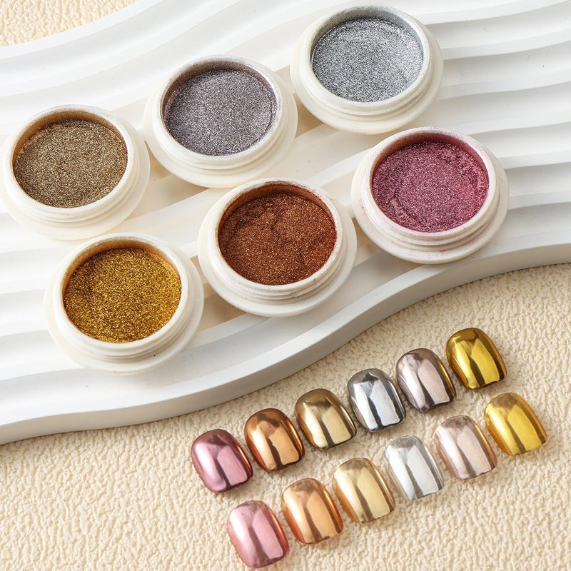 Chrome Nail Powder Set - 6PCS Metallic Mirror Pigment for Holographic Nail Designs | Rose Gold, Silver, Champagne