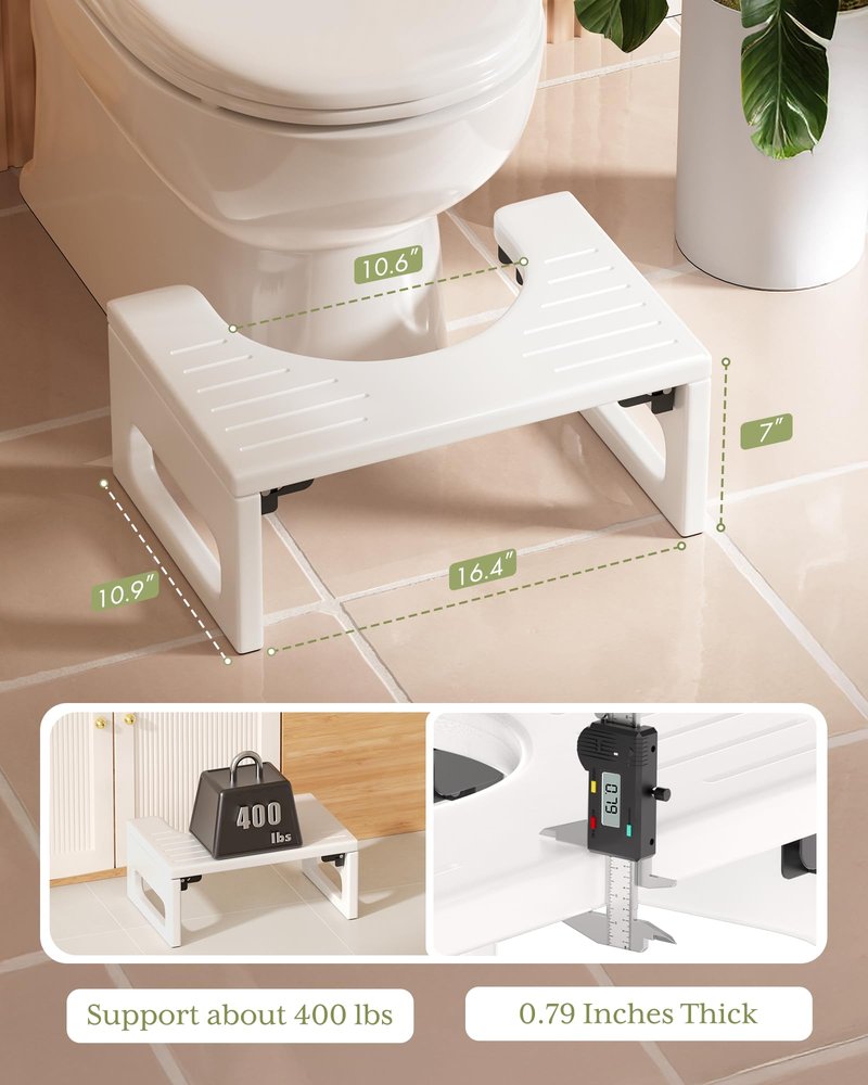 AmazerBath 7 Inches Bamboo Toilet Stool Squat for Adults, Foldable Poop Stool for Bathroom, 0.79" Thickness Potty Step Stool with Non-Slip Strip, No Assembly Required, Space-Saving, White