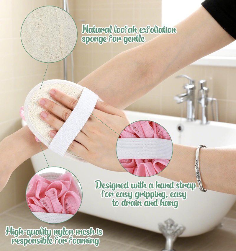 2Pcs Loofah Exfoliating, 2 in 1 Natural Green Pink Loofah for Women Reusable & Washable Loofa, Ideal for Body Scrubbing Gentle Exfoliation for Women & Men Shower Bath
