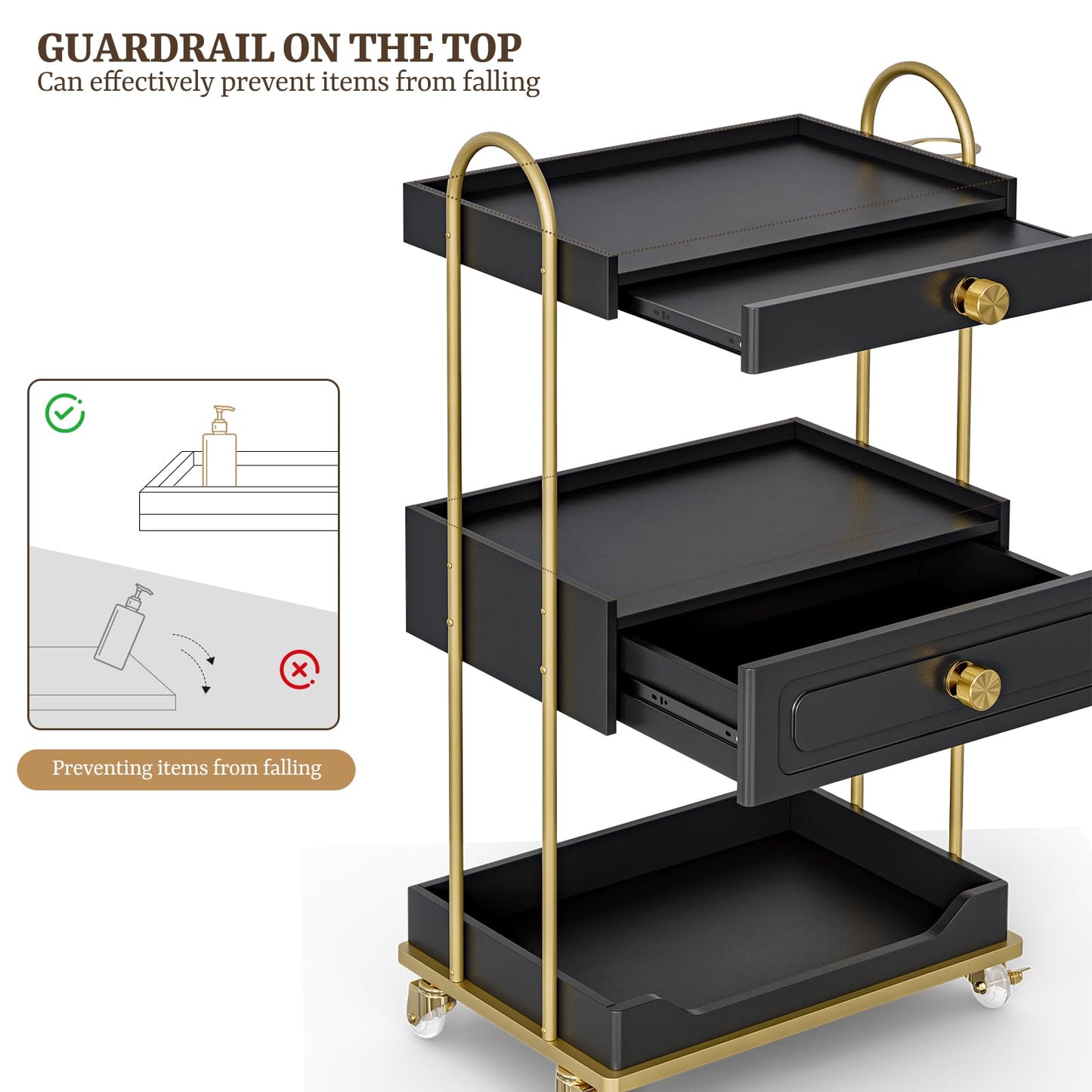 TTGIEET Barber Salon Trolley Cart w/Lockable Wheels, 3-Tier Rolling Beauty Cart with 2 Drawers & Dryer Holder, Mobile Beauty Trolley for Beauty Spa Barbershop(Black)
