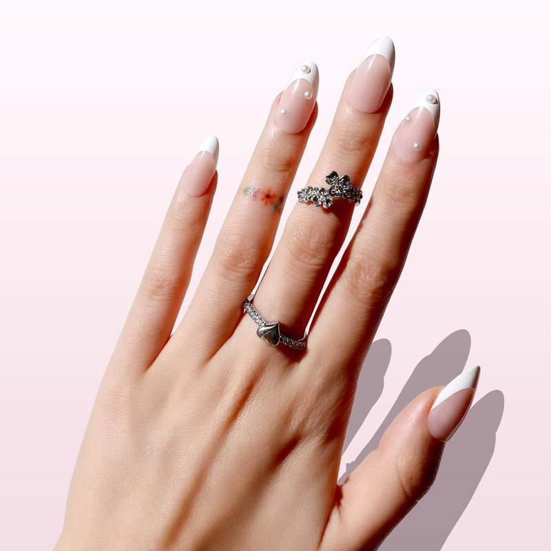 Nail Reformation Press On Nails - Sugar-Coated Pink Medium Almond French Tips with 3D Pearls | Reusable 30-Piece False Nail Kit for Women