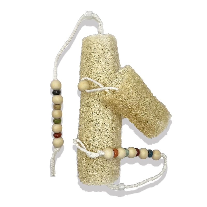 Luffa Bath Shower Sponge - Natural Luffa Exfoliating Body -Natural Loofah 4 Inch - Designed for Women and Men, Body & Face - Includes Unique Wooden Bead Ceramic Handle (White)