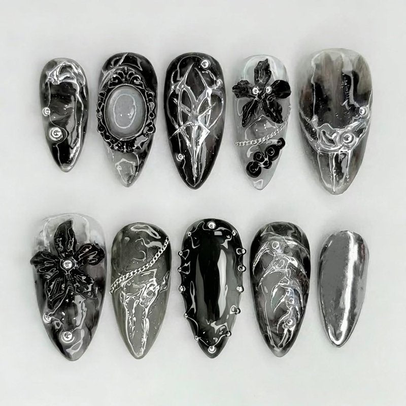 24Pcs Goth Press on Nails Medium Almond Fake Nails Silver Chrome Baroque Gothic Design Dark Black Full Cover Glue on Nails Y2k False Nails Reusable Black flower Press Ons Stick on Nails for Women