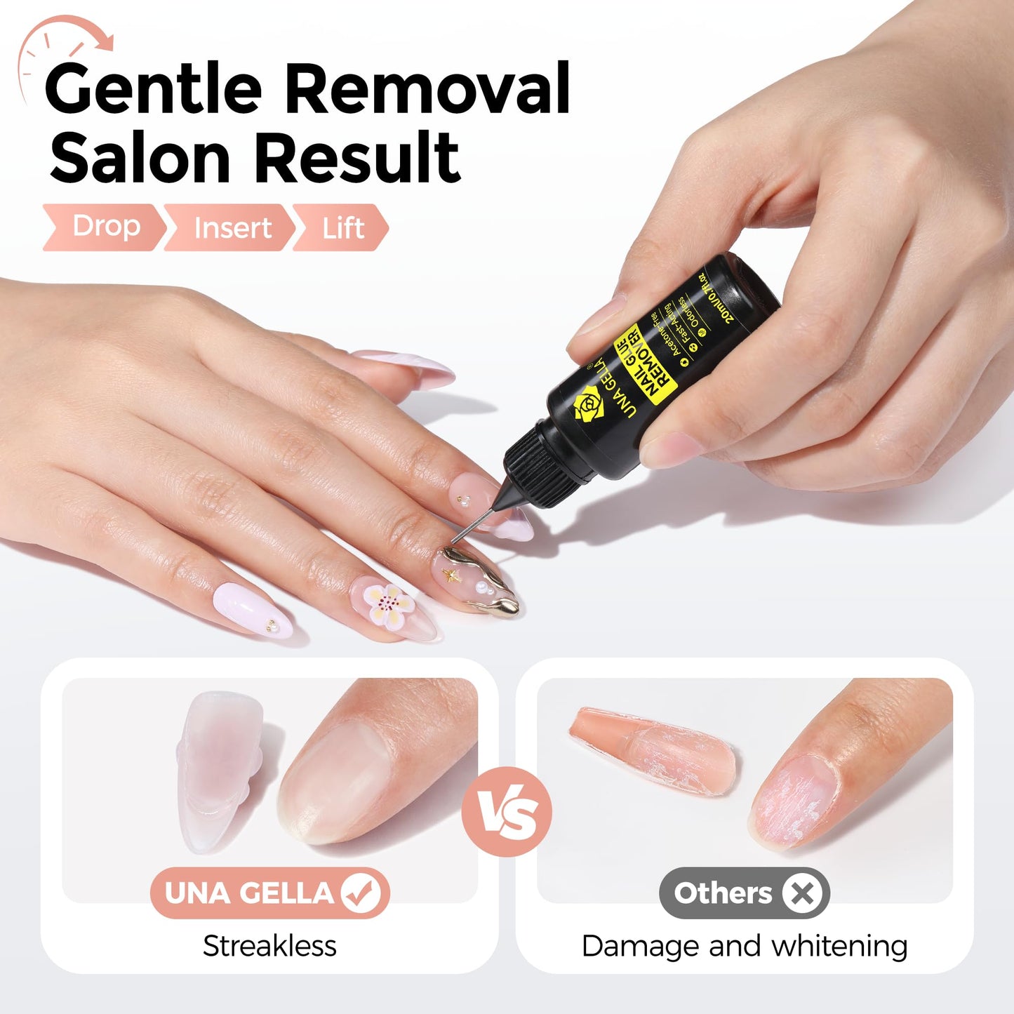UNA GELLA Nail Glue Remover for Press on Nails，20ml Pinpoint Non-Acetone Semi Solid Nail Glue Remover for Nails Tips，Gentle GLUE Remover with Upgraded Stick Easy Removal
