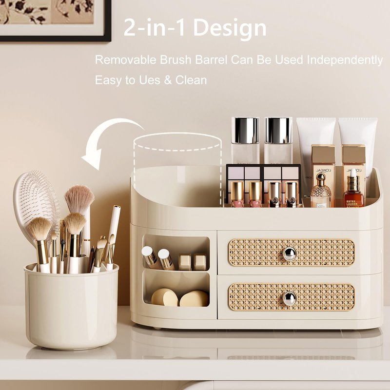 Hoiwio Makeup Organizer for Vanity with 360° Rotating Removable Brush Holder - Bathroom Countertop Dresser Organization, Beauty Cosmetic Storage with Drawer for Skincare, Perfumes, Lipsticks
