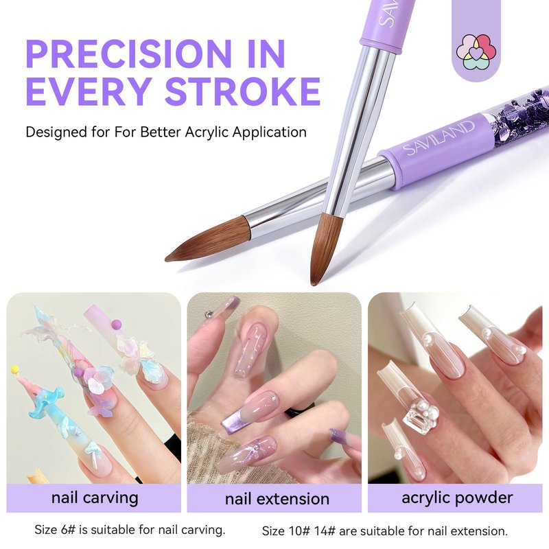 SAVILAND Kolinsky Acrylic Nail Brush: Size 8 Professional Nail Art Brush for Acrylic Application Kolinsky Acrylic Brush for Nails Extension, Kolinksy Nail Tools for Women Home Salon Use Aurora Handle