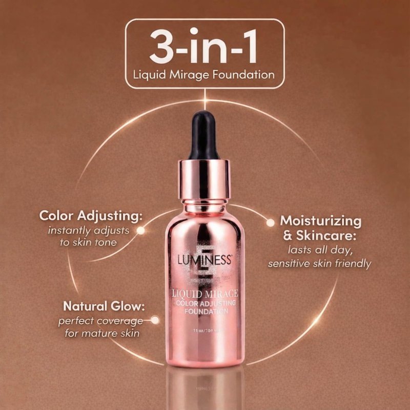 LUMINESS Liquid Mirage Color Changing Foundation for Mature Skin, Skincare-Infused Makeup with Hyaluronic Acid & Vitamin E, Hydrating Liquid Foundation & Concealer Hybrid, Hypoallergenic (Medium)