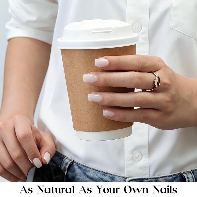 Beetles Milky White Press On Nails - Short Square Natural Gel Nail Kit with Fast-Dry Glue | 30pcs in 15 Sizes