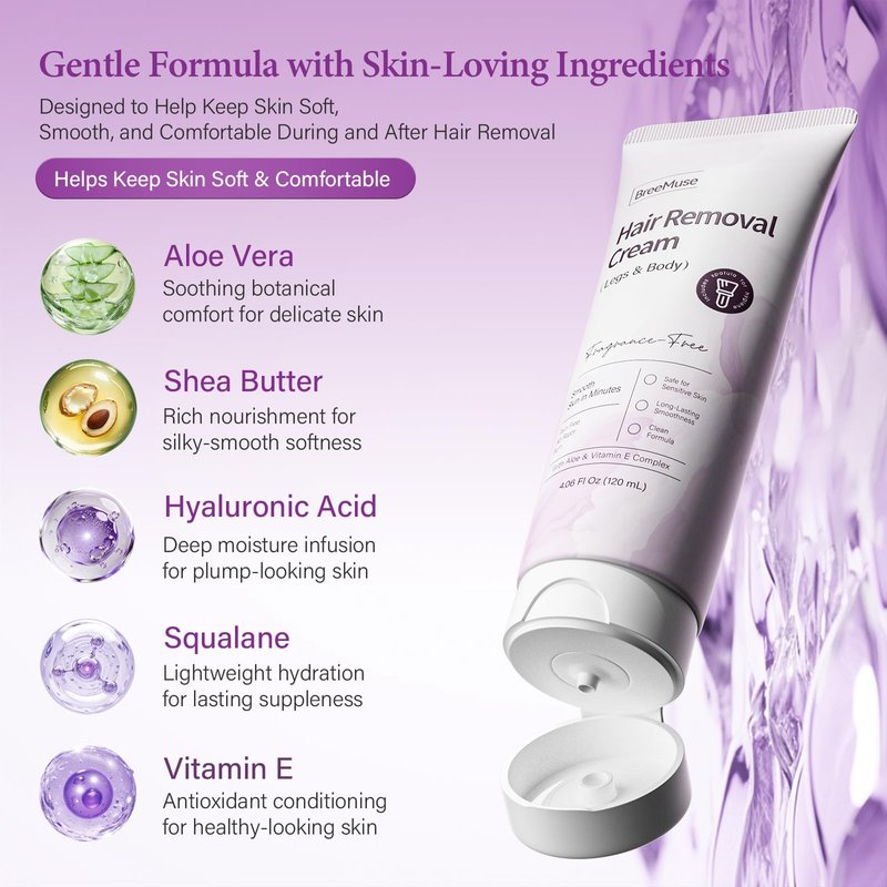 BreeMuse Hair Removal Cream for Women, Painless Depilatory Cream for Legs, Bikini Line & Underarms, Fast 5-10 Minute Body Hair Remover for Sensitive Skin with Moisturizing & Smoothing Formula