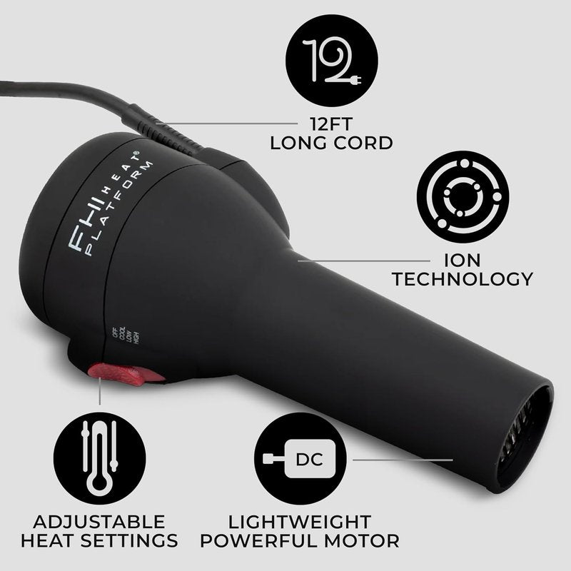 FHI Heat Hair Dryer - Lightweight Handle-Less Design with HydraHeat for Frizz-Free Styles | Includes Diffuser, Nozzle & Comb