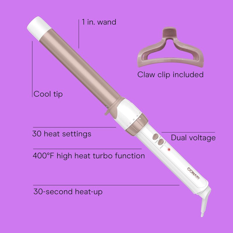 Conair Double Ceramic 1-Inch Curling Wand - Flawless Waves for Medium & Long Hair | 30 Heat Settings, White