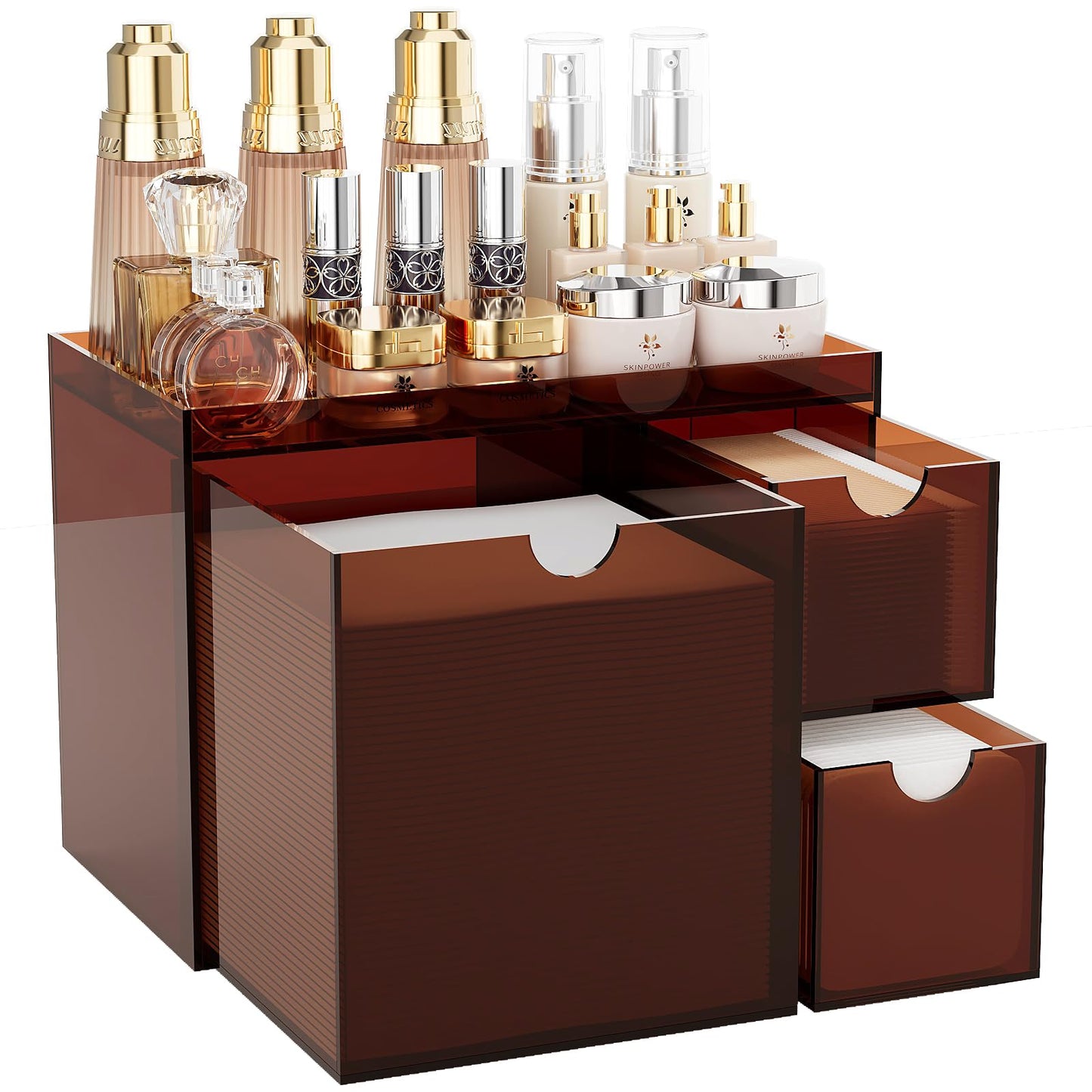 Youdepot Amber Acrylic Face Towel Holder with 3 Drawers, Disposable Face Towel Organizer for XL Facial Towels, Cotton Pads, Swabs, Skincare Tools, Bathroom Vanity Countertop Storage Box.