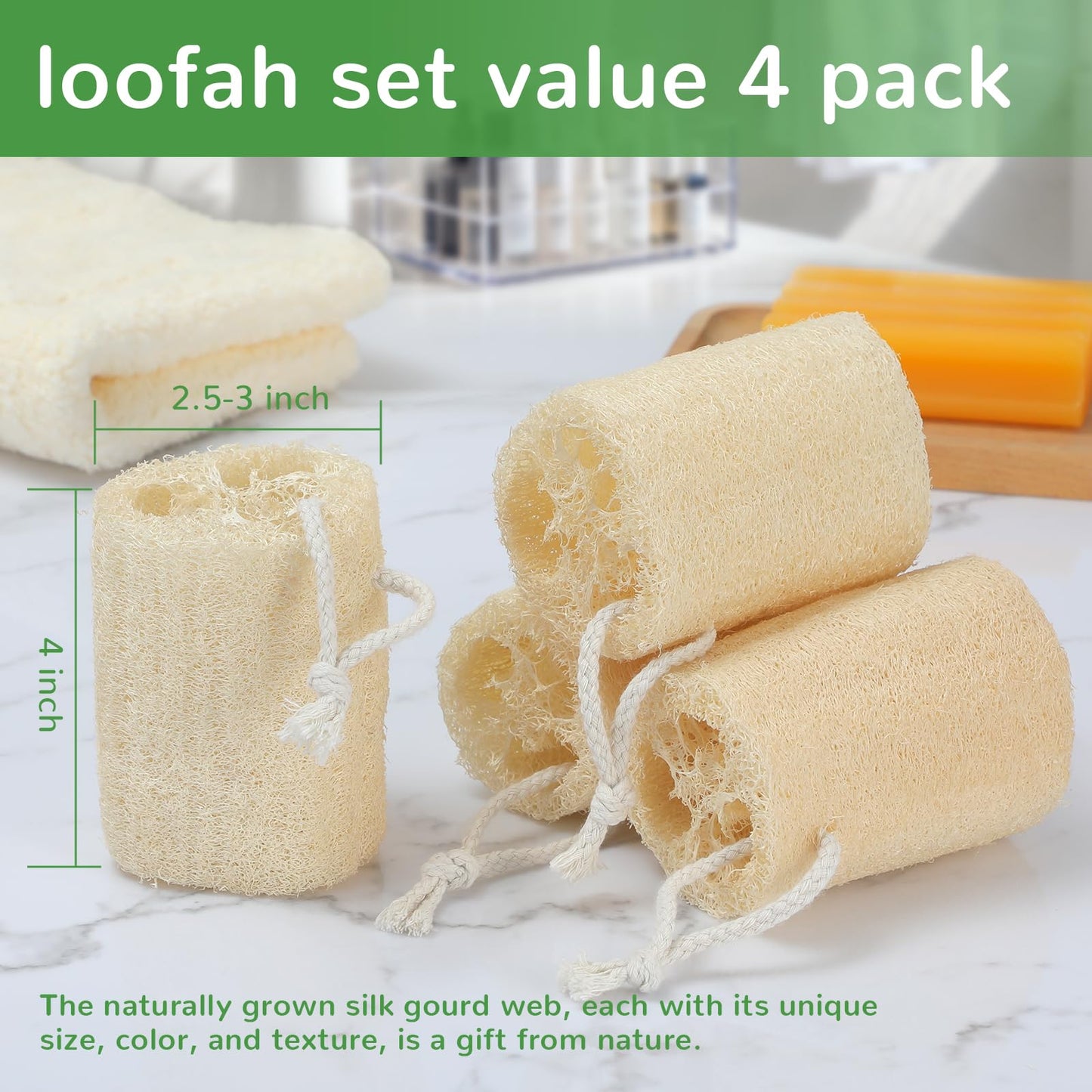 4-Pack Natural Loofah Sponges for Exfoliating Body Scrub, Plant-Based Bath Sponges for Men & Women, Eco-Friendly Back & Face Scrubber, Reusable Shower Loofah