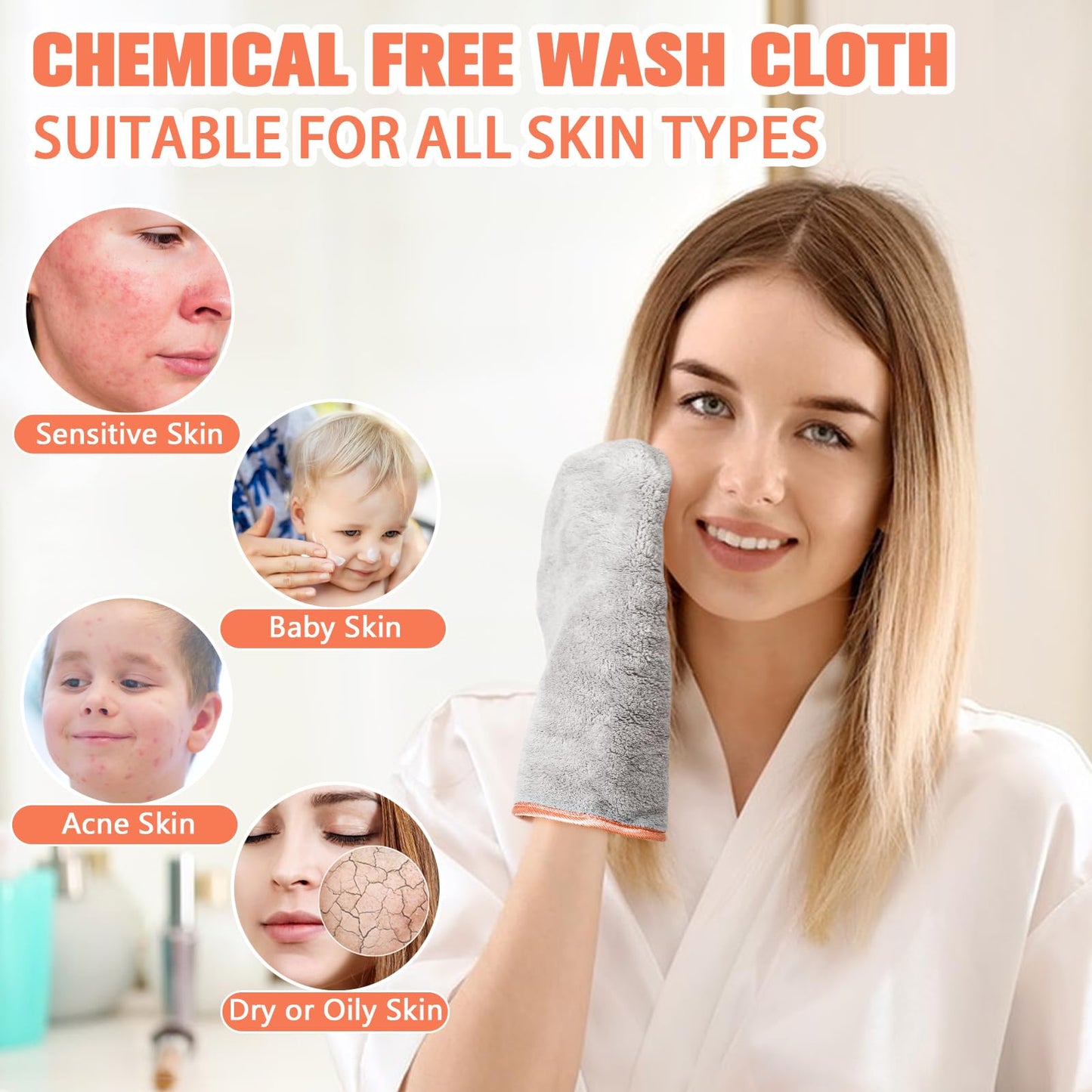 PHOGARY 8 Pack Microfiber Wash Mitts for Face Body, Super Soft Absorbent Coral Fleece Facial Cloths Bath Shower Mitt, Reusable Makeup Remover Washcloths, Gray, 6x9in