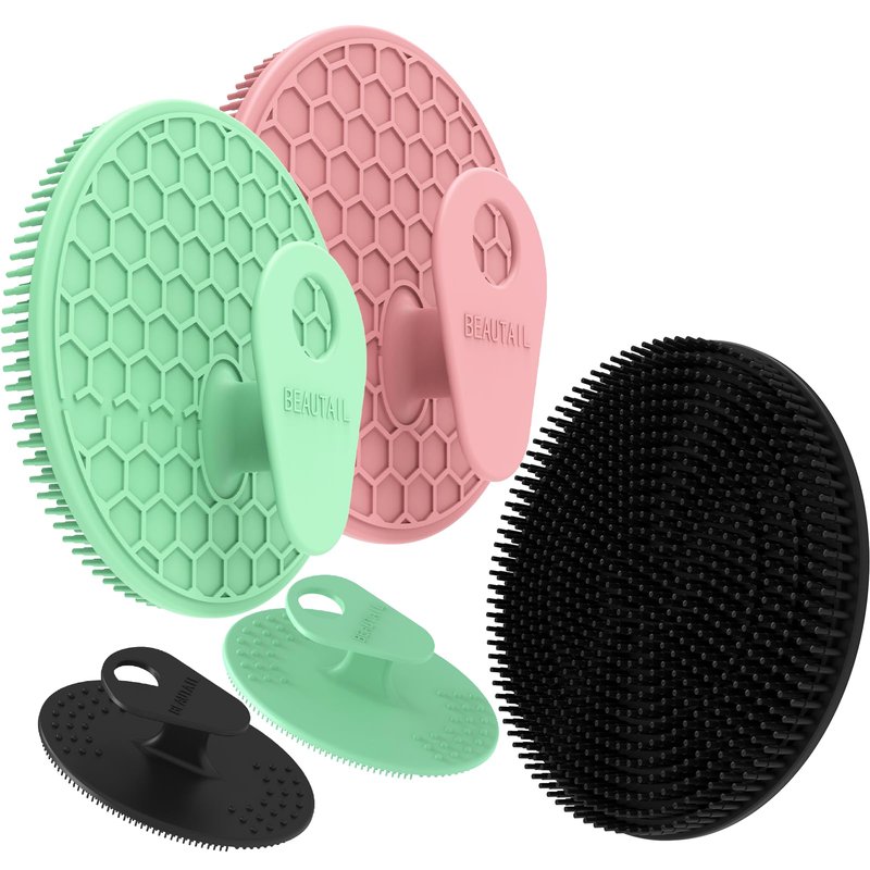 Silicone Body and Face Scrubber Set 5 Pack, BEAUTAIL Shower Bath Scrubber, Gentle Exfoliating Brush for Women Men Sensitive Skin, More Hygienic Than Traditional Loofah, Long Lasting, Black+Pink+Green