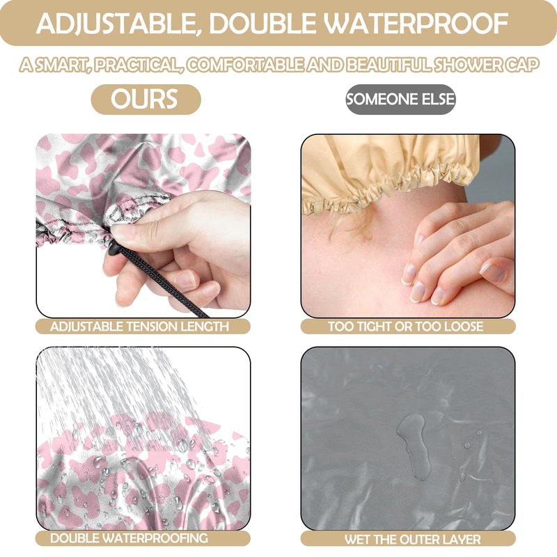 BHAHB 2 PCS Shower Cap Reusable Waterproof Double Layer Elastic Adjustable Hair Bath Caps Cute Aesthetic for Women Girls-Cow leopard