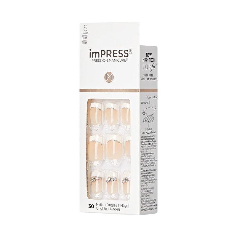 KISS imPRESS Press-On Manicure, Believe, Short Length Square, with PureFit Technology, Includes Prep Pad, Mini File, Cuticle Stick, and 30 Fake Nails