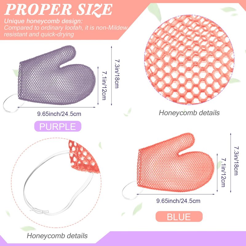 Karenhi 2 Pcs Honeycomb Exfoliating Glove Bath Mitt Body Spa Scrubber, Honeycomb Exfoliator Glove for Body Shower, Scrubber Sponge Shower Loofah, Quick Drying(Pink,Purple)