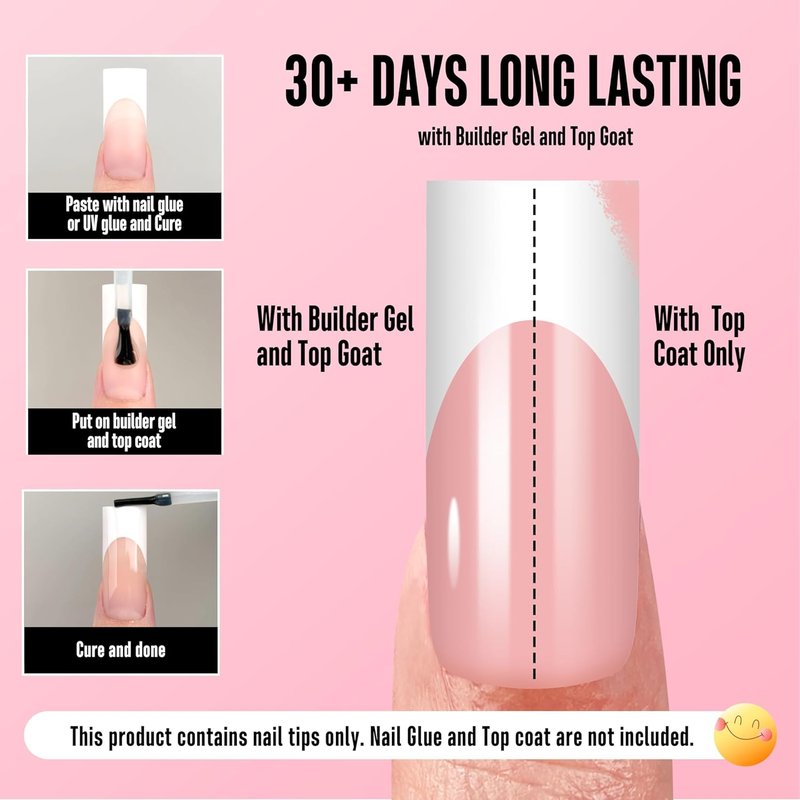 NOVO OVO Press-On Baby Pink French Tip Nail Tips | Extra Thick Soft Gel Full Cover | 180 Pieces in 15 Sizes