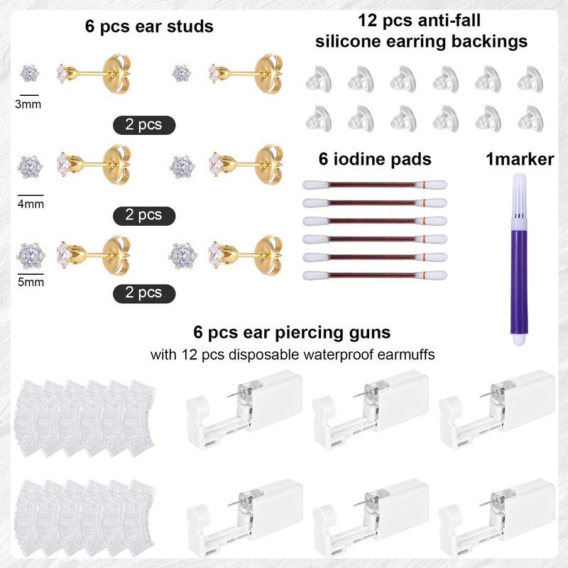 Heygueo 43 Pcs Ear Piercing Kit Disposable,Ear Piercing Gun Kit with Self Earrings and Earrings Needle,Gold Set with Multi-Sized Ears Studs(Gold)