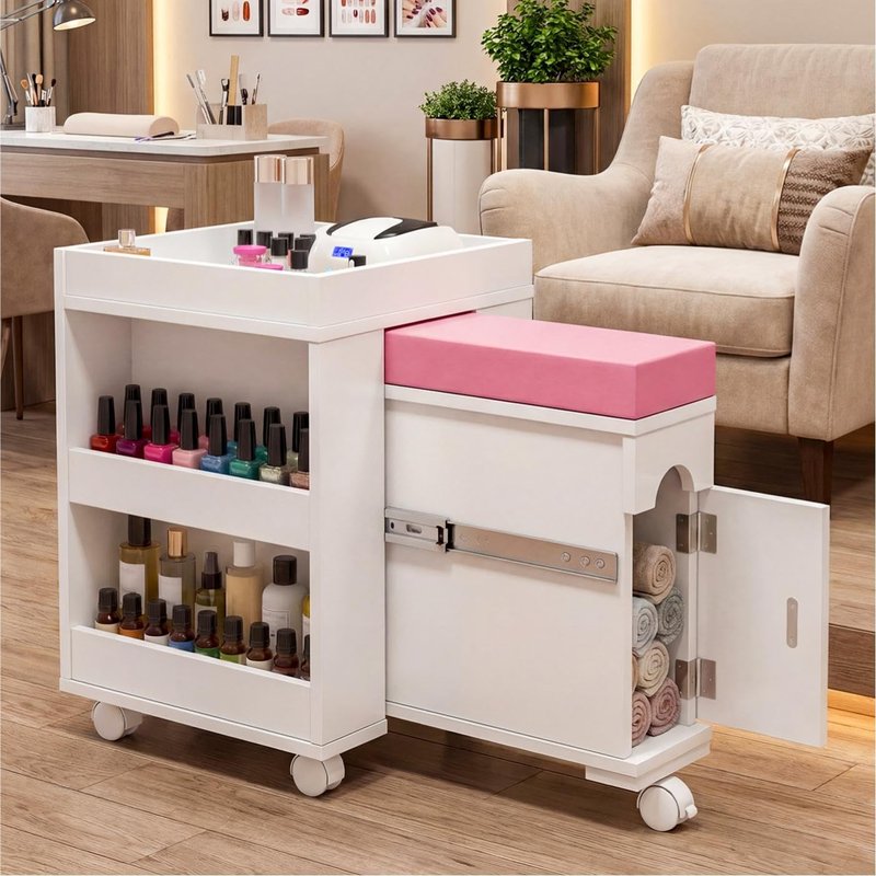 HolaiNail Pedicure Trolley Cart with Foot Rest, Wheels, Storage Shelves & Cabinet, Extendable Mobile Pedicure Foot Stool Stand Manicure Station for Nail Tech/Home Salon, 26.3" L