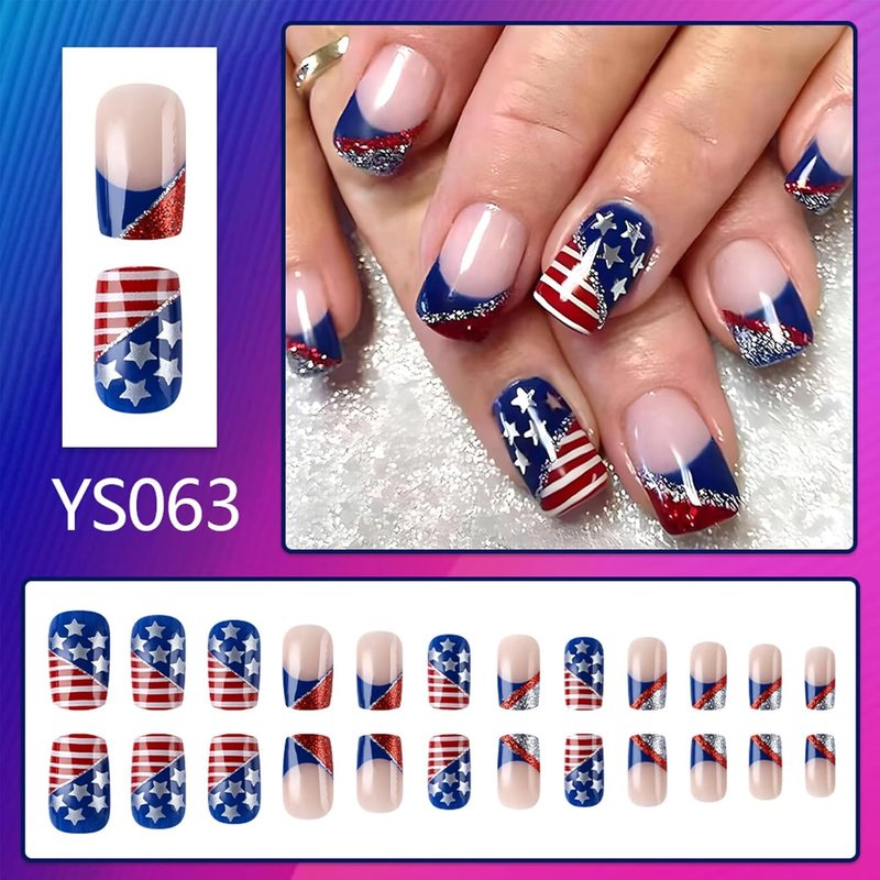 Press On Nails - Medium Square Red White Stripes & Silver Glitter | 24Pcs Full Cover Independence Day French Tip
