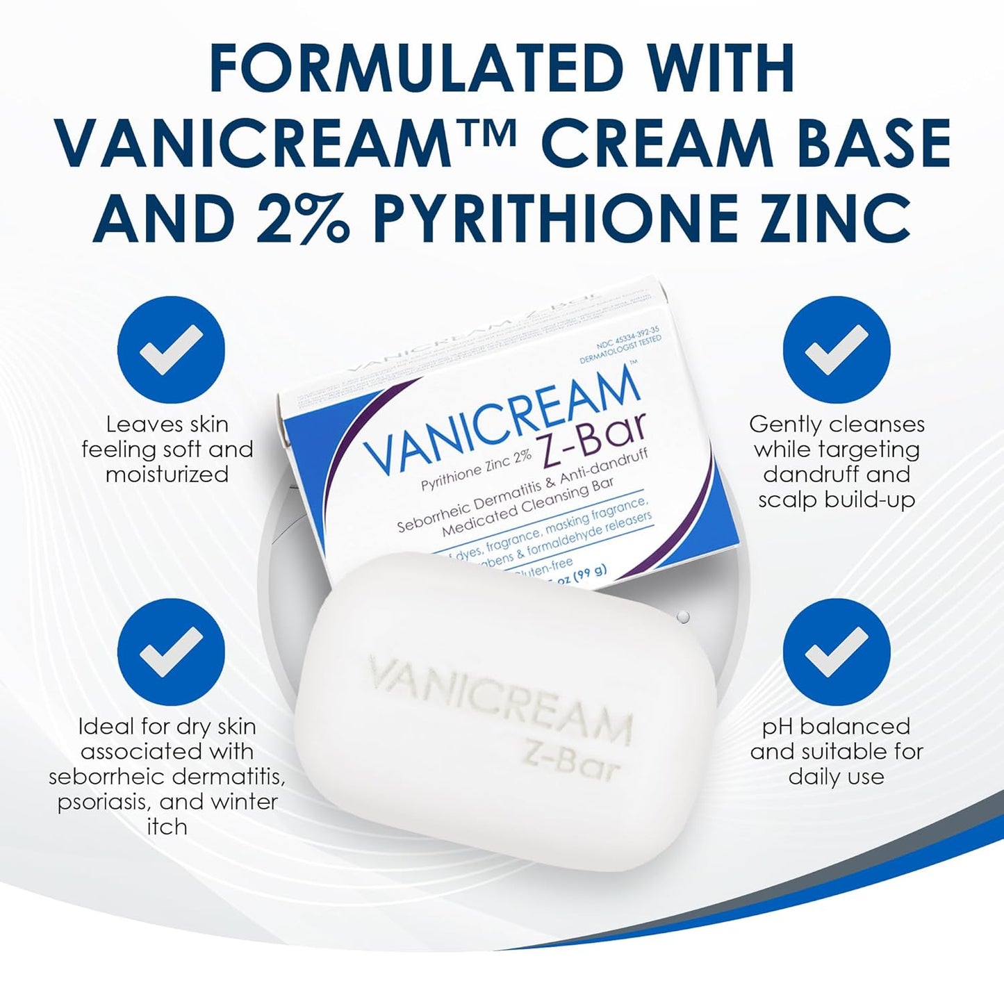 Vanicream Z Bar - Seborrheic Dermatitis & Anti-Dandruff Medicated Soap | 3.5 Oz, Gentle Formula for Sensitive Skin