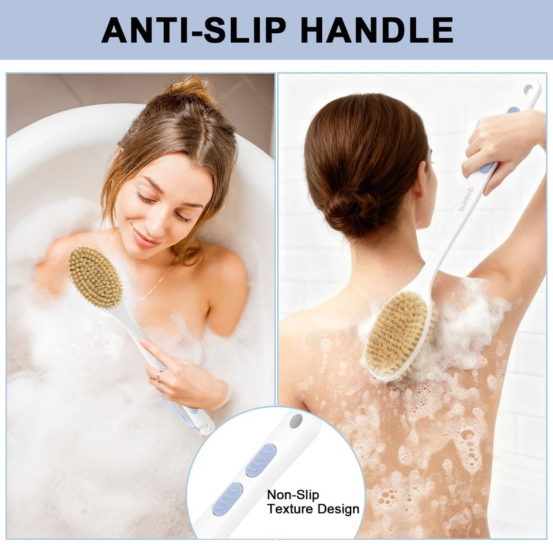 Bubbob Back Scrubber for Shower with Long Handle, Exfoliating Bath Brush for Body - Double Sided Bristles (Stiff & Soft), Anti-Slip Grip, Lightweight - Gift for Seniors, Includes Lanyard & Hook, Blue