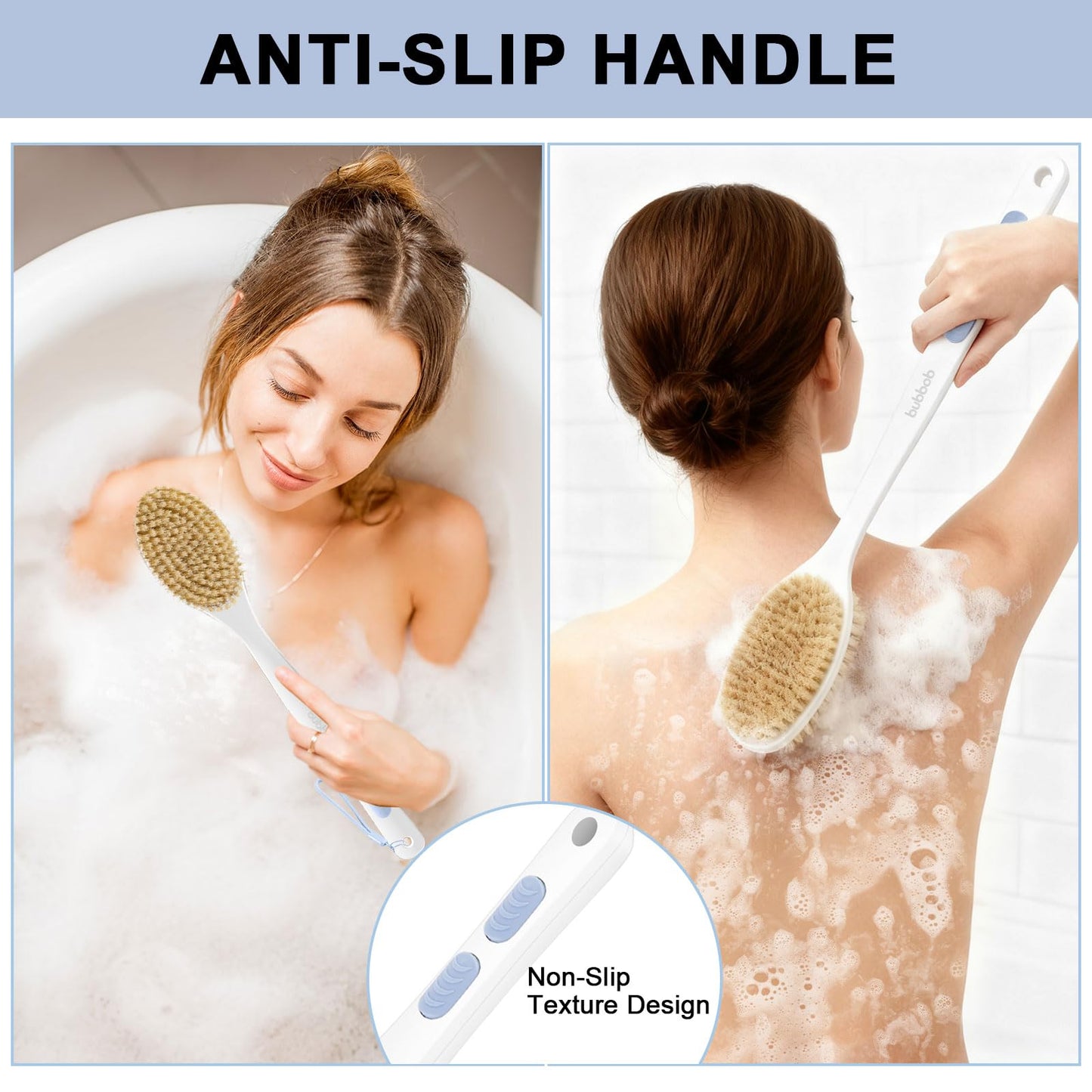 Bubbob Back Scrubber for Shower with Long Handle, Exfoliating Bath Brush for Body - Double Sided Bristles (Stiff & Soft), Anti-Slip Grip, Lightweight - Gift for Seniors, Includes Lanyard & Hook, Blue