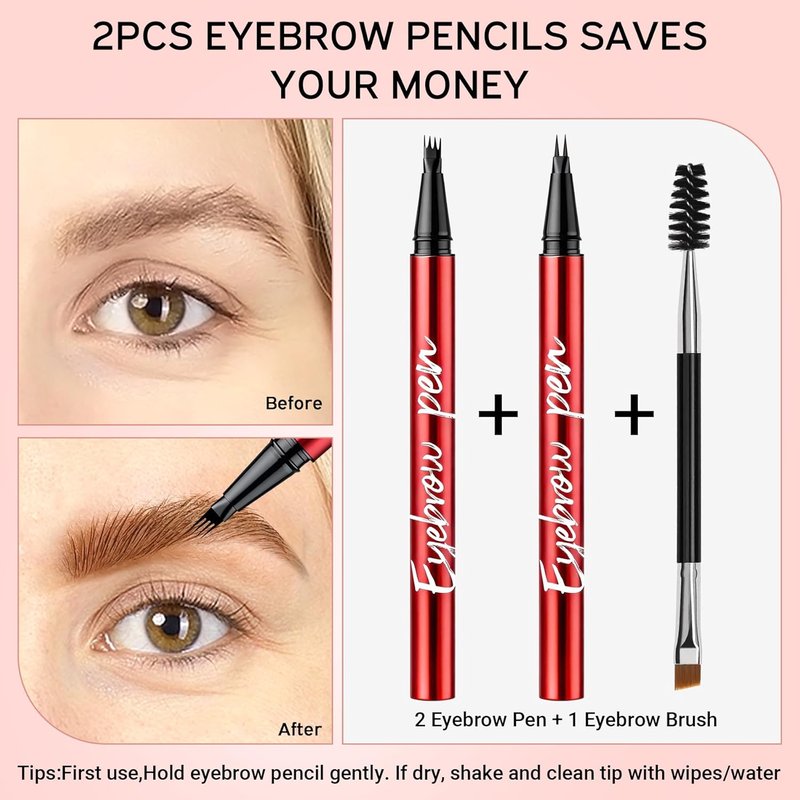 Skiennix Eyebrow Pen - Waterproof Microblading Pencils with Brush | 2-Pack, Dark Brown, All-Day Wear