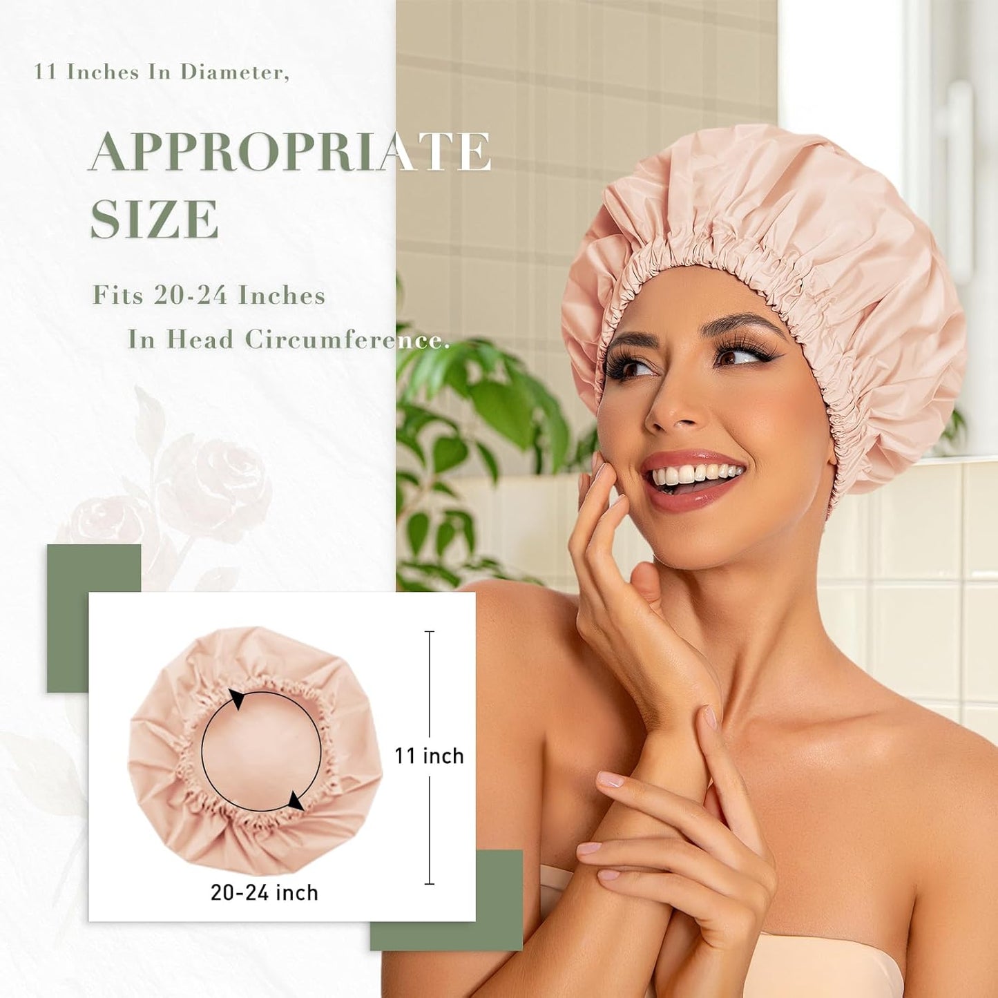 Skiennix Reusable Shower Cap - Large Waterproof Hair Bonnet with Elastic Band for Long, Curly Hair | Pink & Beige