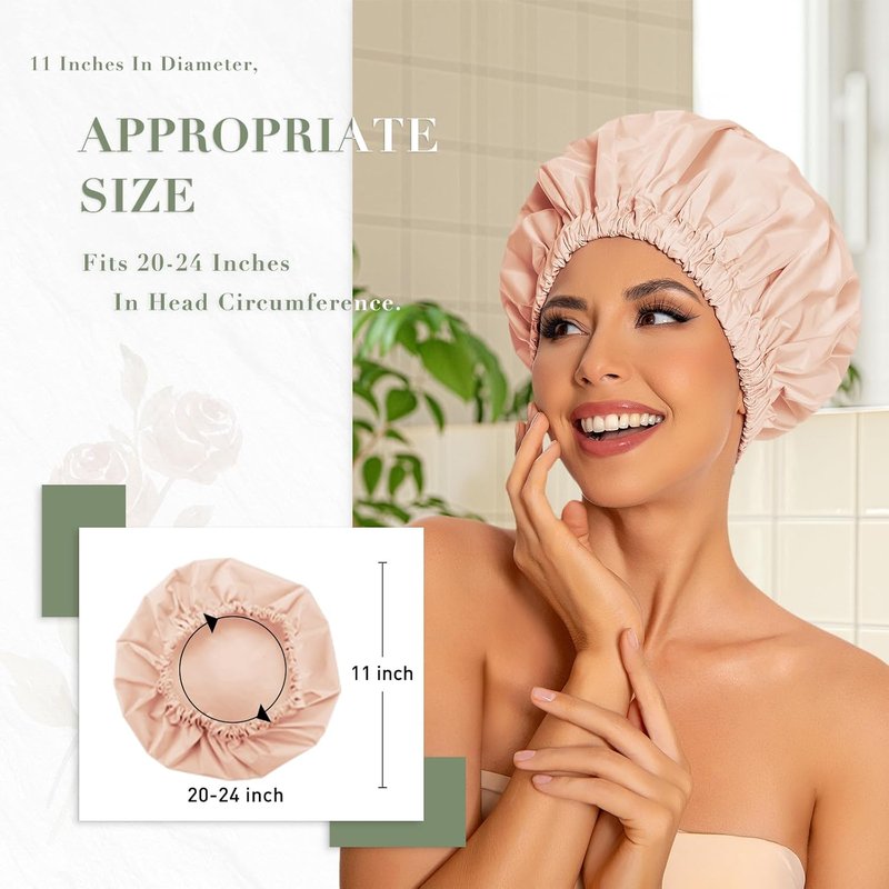 Reusable Shower Cap for Women - Large Waterproof Hair Bonnet | Washable Elastic Band for Long Hair & Braids - Beige