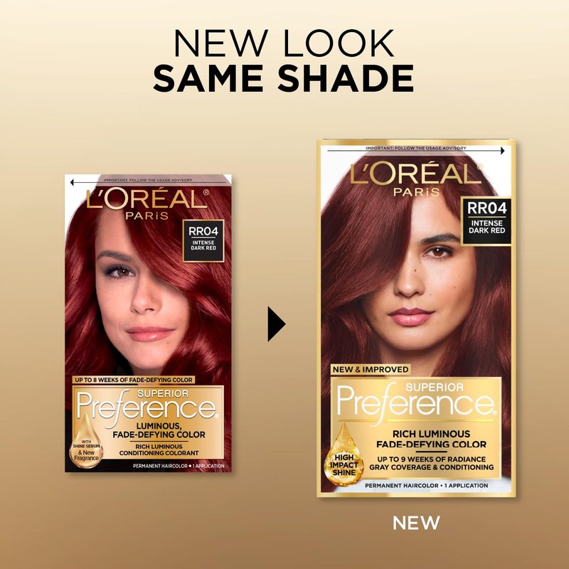 L'Oreal Paris Superior Preference Luminous Fade-Defying Permanent Hair Color, Hair Dye For Up to 9 Weeks of Radiance, Intense Dark Red RR-04, 1 Hair Dye Kit