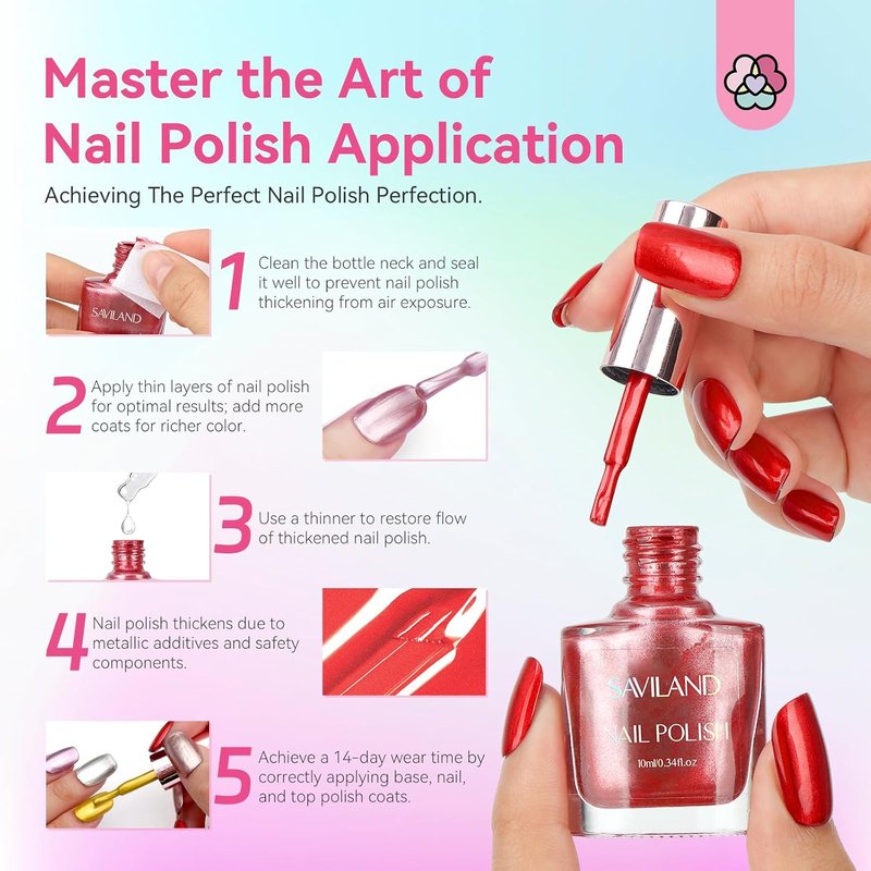 SAVILAND Metallic Nail Polish Set - 12 Chrome Colors with Base & Top Coat | Quick-Dry Glitter Holographic Finish