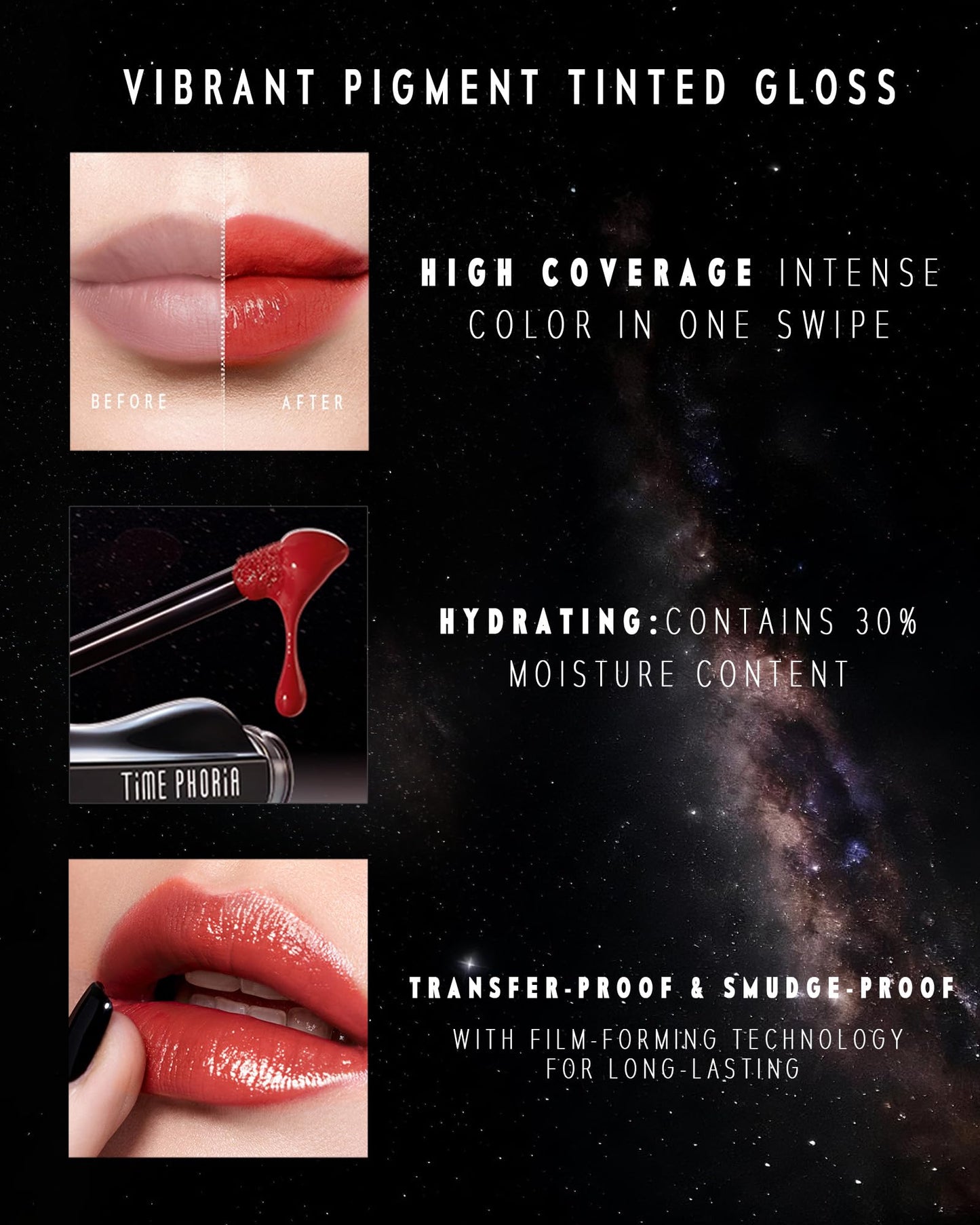 TIMEPHORIA Stellar Dust Lip Stain 03, Transfer-Proof & Smudge-Proof Lip Gloss, Cool Tone Pink Tinted Glossy Finish, High-Pigment Vibrant Color, Hydrating Lightweight Long-Lasting Lip Makeup for Women