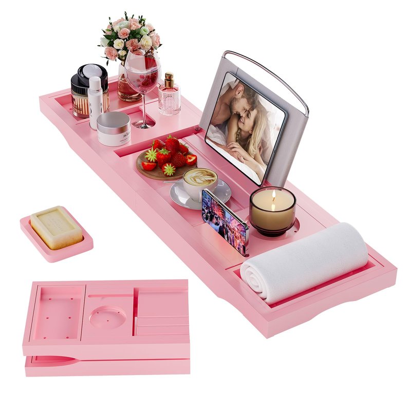 Foldable Bathtub Caddy Tray, Bamboo Bath Tub Tray Table for Tub with Wine Glass Holder Book Phone Tablet Holder with Extending Sides, Adjustable Bathroom Bathtub Free Soap Holder Gift Idea (Pink)