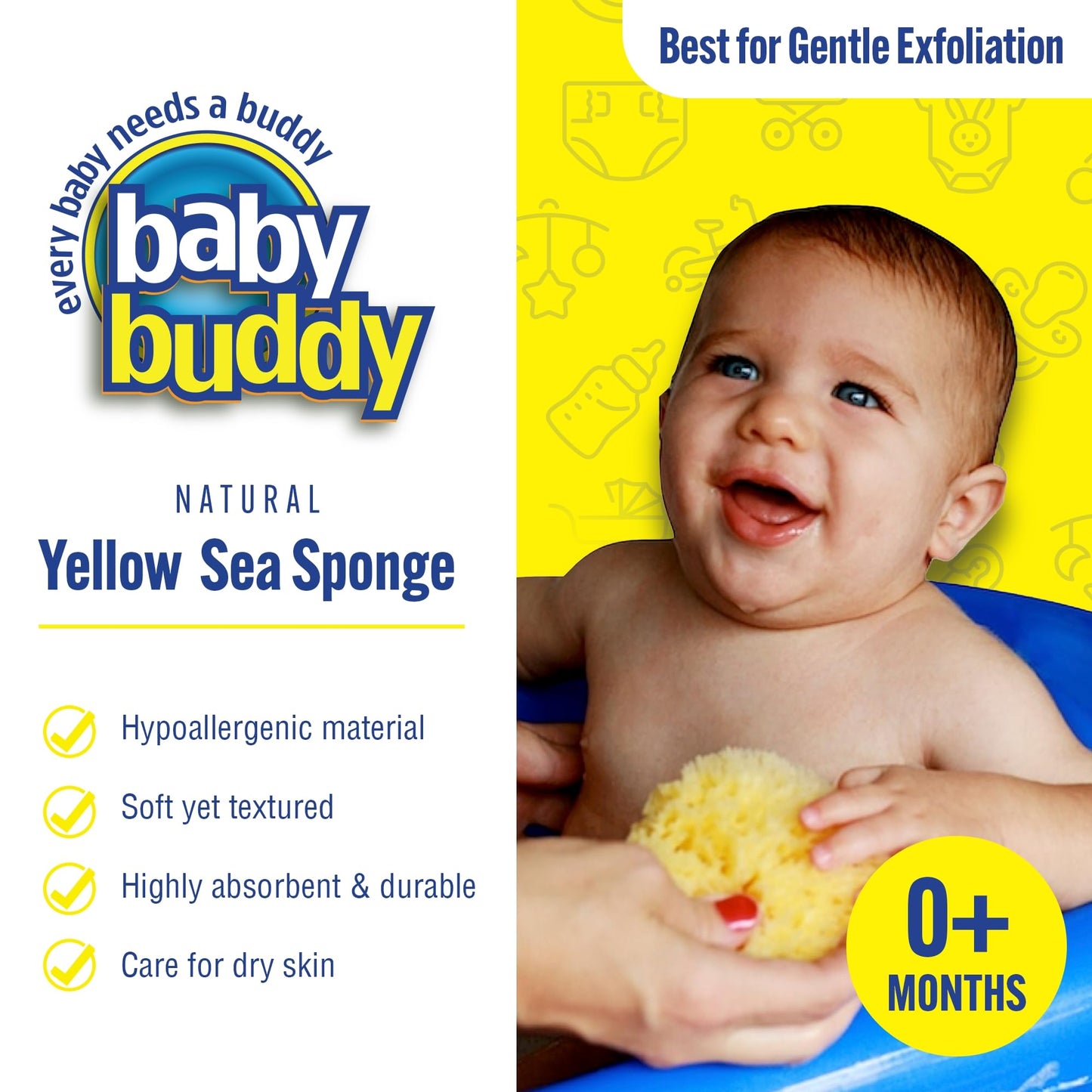 Baby Buddy (1 Count, 4 Inch) Natural Yellow Sea Bath Sponge, Natural Baby Bath Sponge for Newborns and Kids, Soft When Wet, Absorbent, Biodegradable, Hypoallergenic