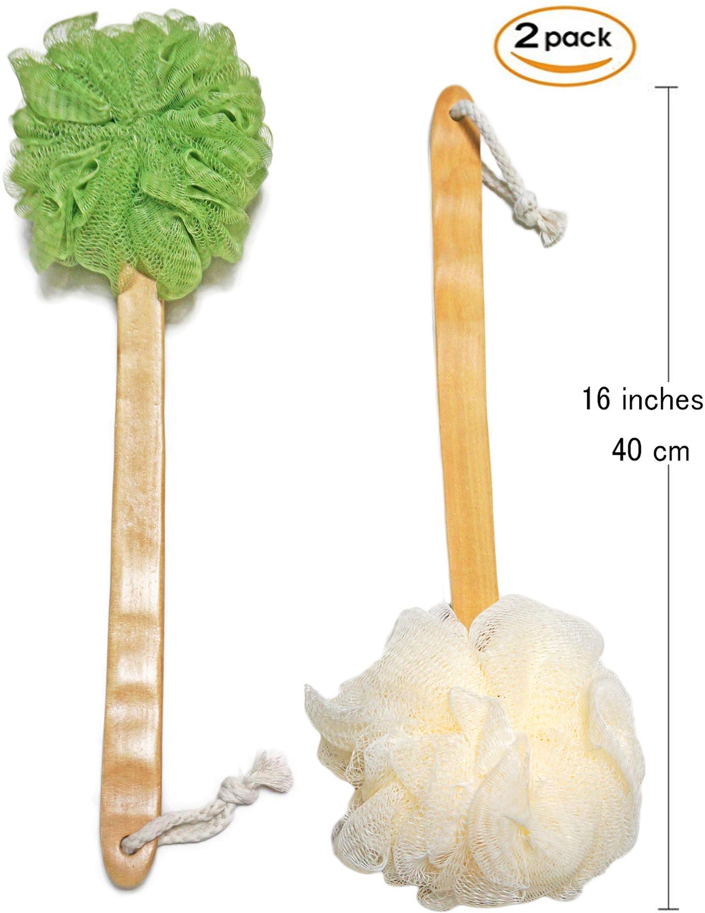 Shower Loofah Body & Back Scrubber - Exfoliating Loofah Bath Brush On a Stick - with Long Wooden Handle Back Brush for Men & Women - Easy Reach Body Wash & Lotion Applicator（ 2 Pack- White&Green）