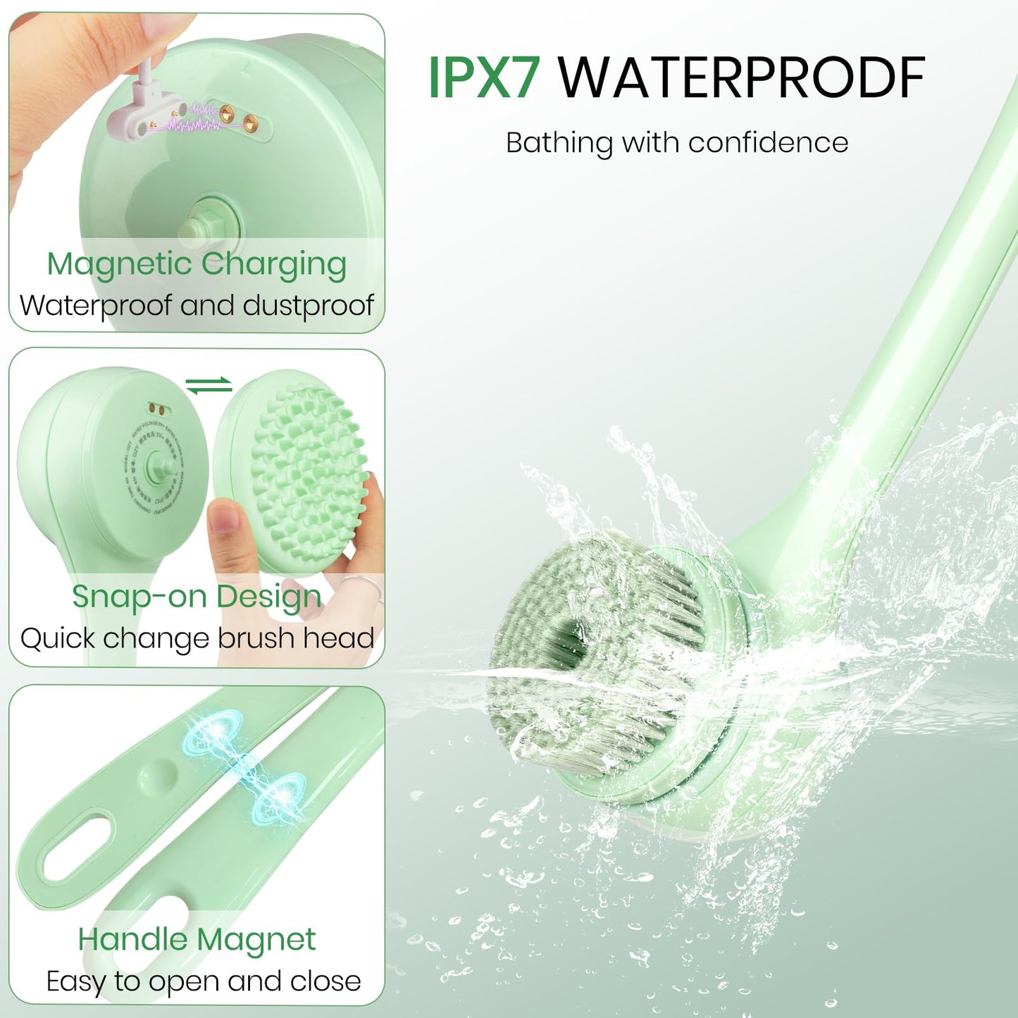 Electric Body Brush, Auto Spinning Back Scrubber for Shower, USB Rechargeable Bath Brush with Dual Long Handle, 5 Replaceable Heads, Waterproof Exfoliating Massage Brush for Skincare, Spa and Bath