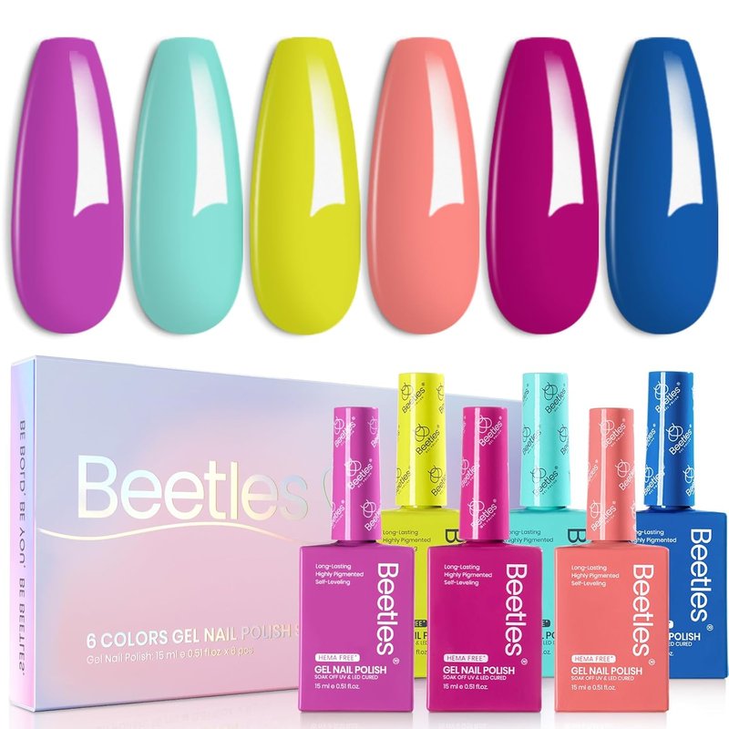 Beetles Neon Gel Polish Set - 6 Hema-Free Colors for Soak Off UV Lamp | Vibrant Summer Nail Art 15ML