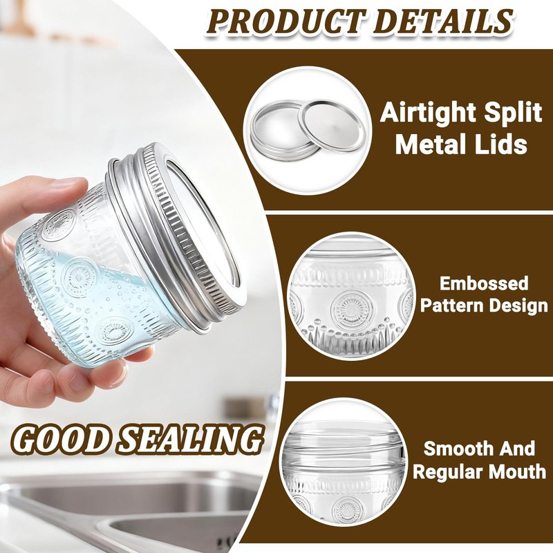 Alotpower 4 oz Glass Mason Jars with Embossed Pattern 24 Pack, Small Canning Jars with Airtight Lids, Mini Glass jars for Jams, Jelly, Honey, Spices,Desserts,Wedding Favors and Gift Packaging