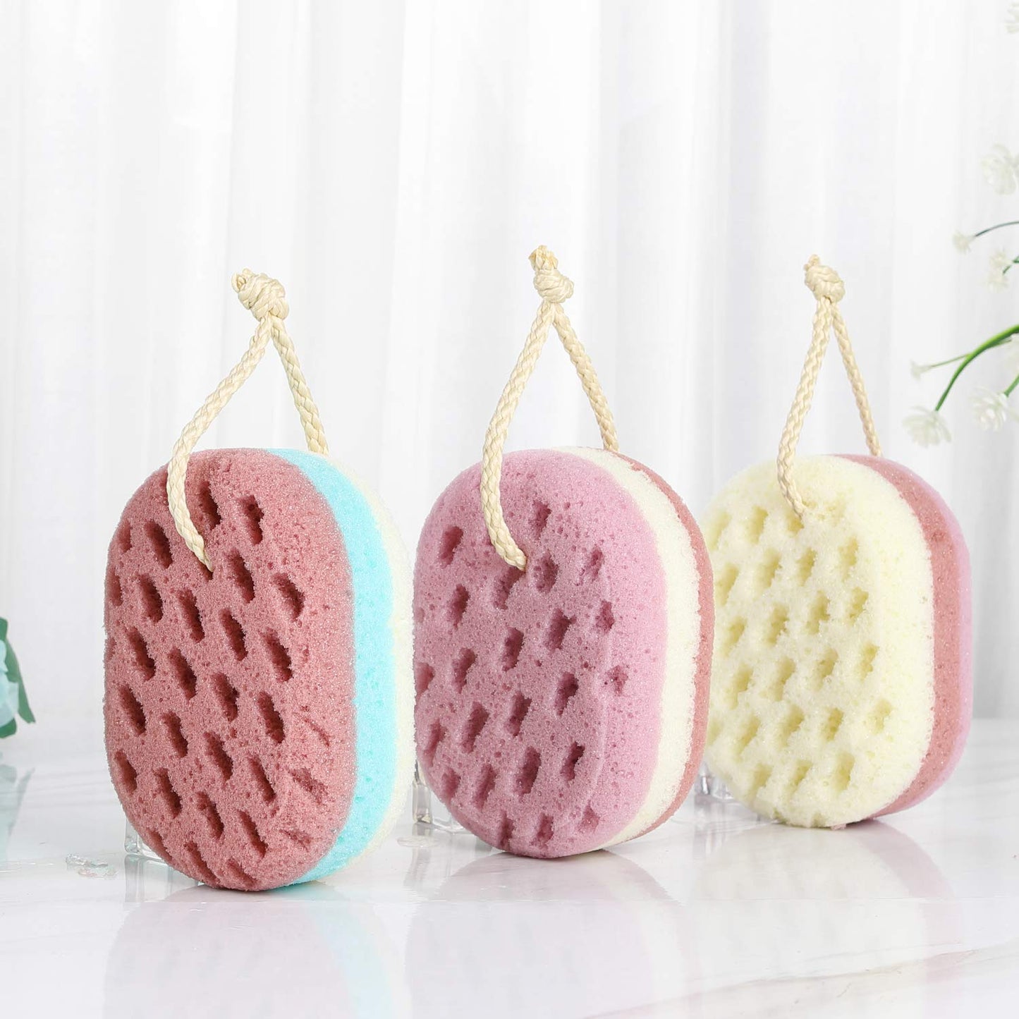 KECUCO 3 Pcs Bath Sponge for Women, Men, Adults, Kids. Sponge Loofah Body Scrubber Shower Sponge for Body Wash Bathroom, Body Sponge Bathing Accessories(Small Sizes)