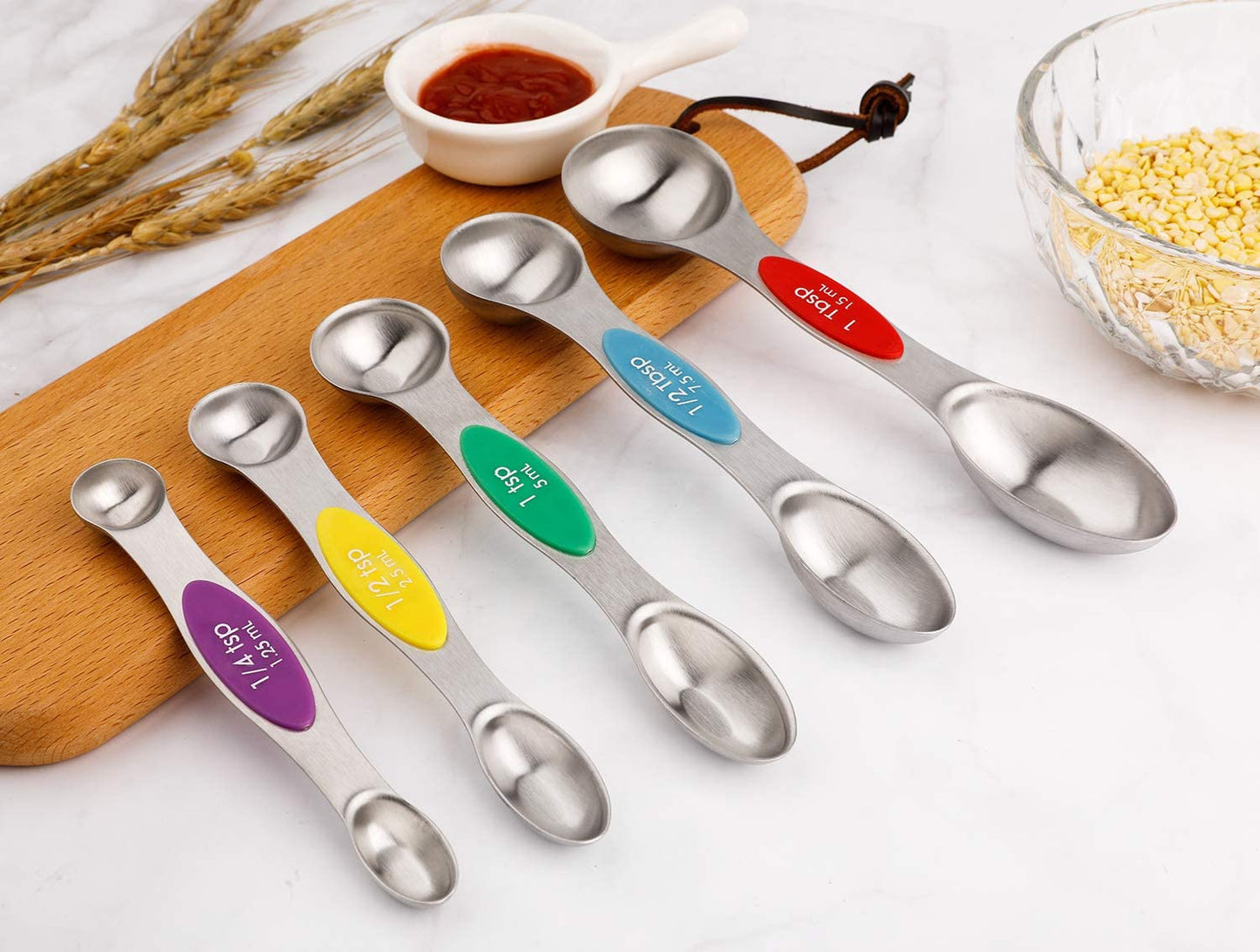 Magnetic Measuring Spoons Set of 5 Stainless Steel Dual Sided Stackable Teaspoon for Measuring Dry and Liquid Ingredients (Color)