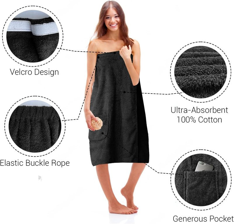 Premium Cotton Terry Women's Towel Wrap - Super Soft Bath Robe with Pockets for Spa & After Shower