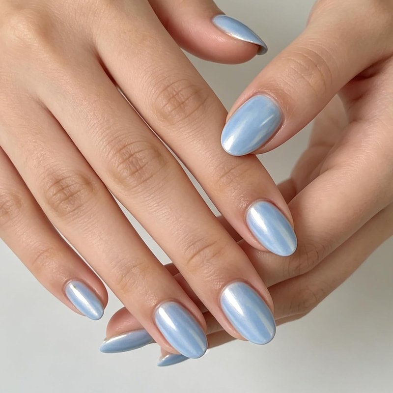 Baby Blue Chrome Press-On Nails - Short Oval Bling Glazed Design | 32PCS Salon Quality Full Cover Set