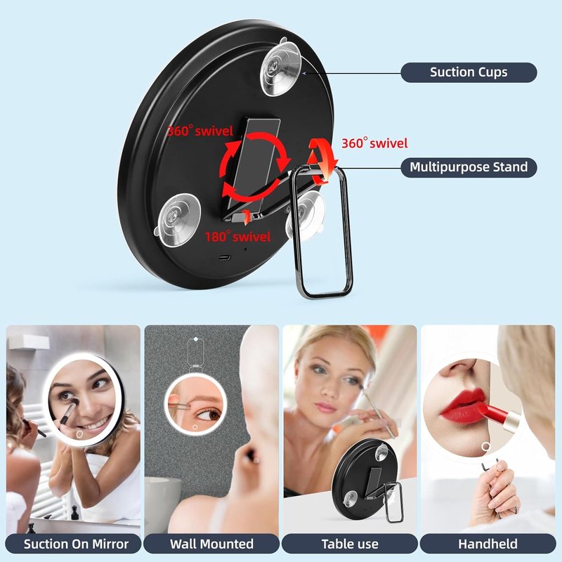 10X Magnifying Mirror with Lights - 6-Inch Lighted Makeup Mirror with 3 Suction Cups & 360° Adjustable Bracket | Includes Tweezers & Scissors